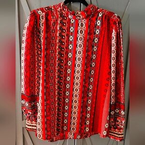 LOFT Red and Black Patterned Women's Top With Tie Closure Large